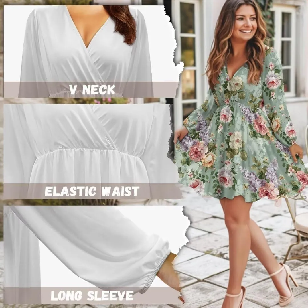 Boho Summer Dress Women Casual Long Sleeve Mini Dresses 2024 Boho Floral Smocked V Neck Short Dress