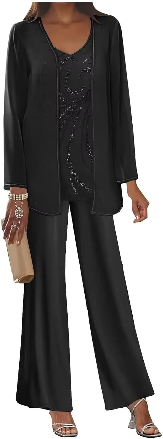 BOLENSYE Women's 3 Pieces Mother of The Bride Dress Pant Suits with Jacket Sequin Lace Formal Dress