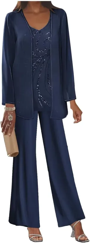 BOLENSYE Women's 3 Pieces Mother of The Bride Dress Pant Suits with Jacket Sequin Lace Formal Dress