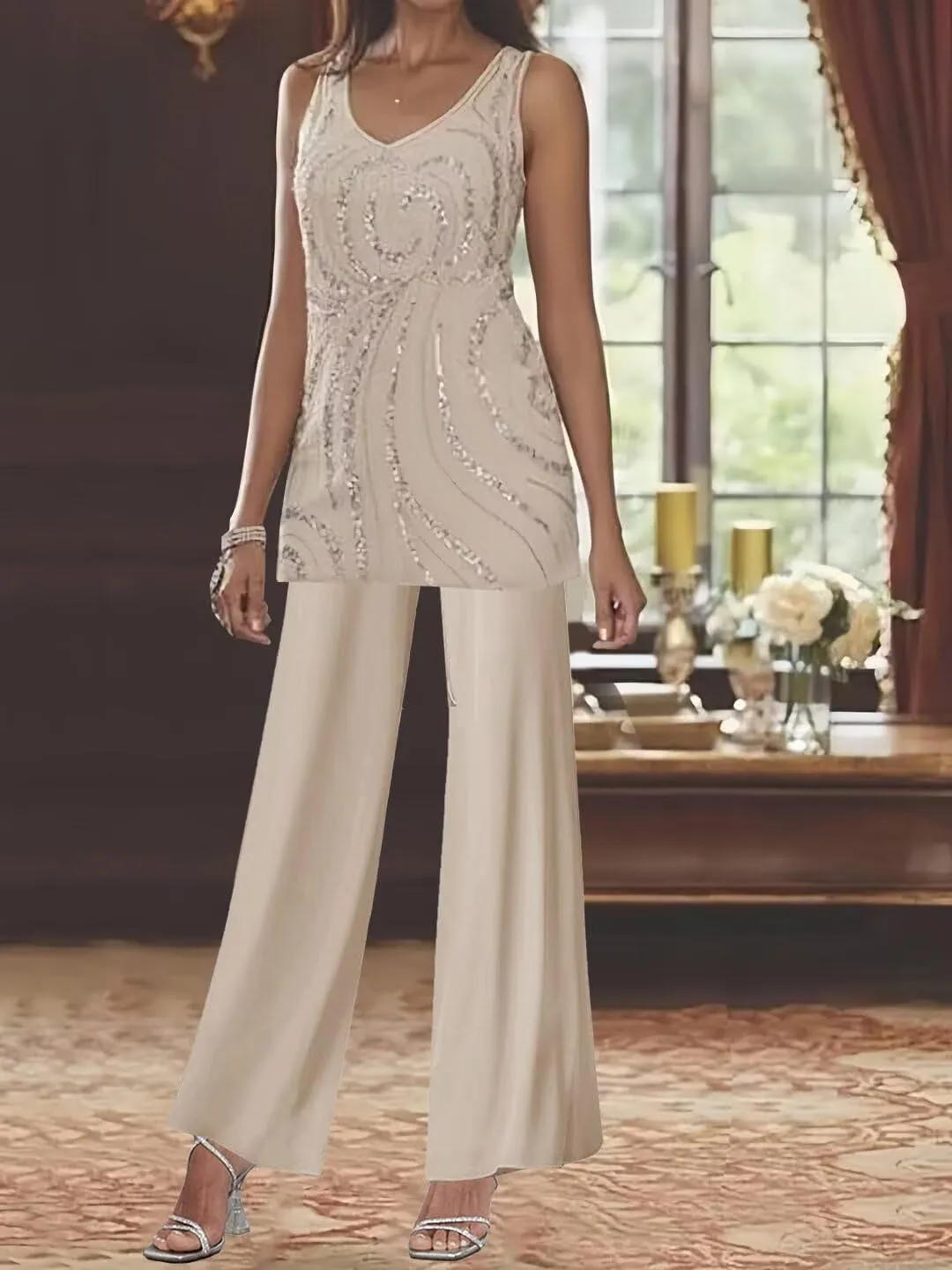 BOLENSYE Women's 3 Pieces Mother of The Bride Dress Pant Suits with Jacket Sequin Lace Formal Dress