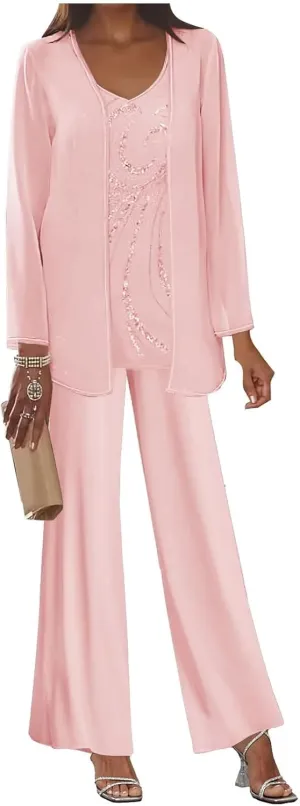 BOLENSYE Women's 3 Pieces Mother of The Bride Dress Pant Suits with Jacket Sequin Lace Formal Dress