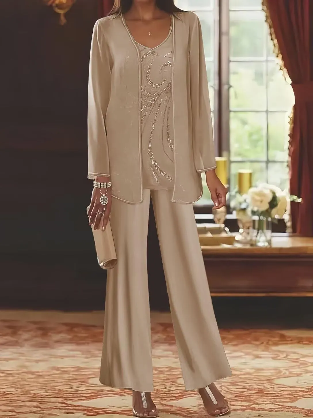 BOLENSYE Women's 3 Pieces Mother of The Bride Dress Pant Suits with Jacket Sequin Lace Formal Dress