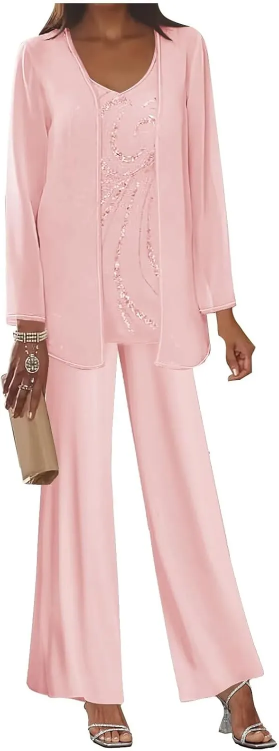 BOLENSYE Women's 3 Pieces Mother of The Bride Dress Pant Suits with Jacket Sequin Lace Formal Dress