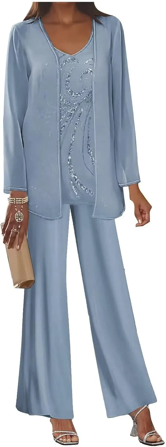 BOLENSYE Women's 3 Pieces Mother of The Bride Dress Pant Suits with Jacket Sequin Lace Formal Dress