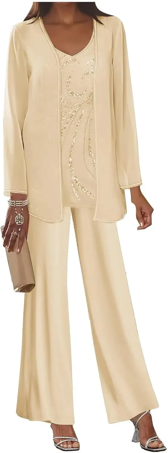 BOLENSYE Women's 3 Pieces Mother of The Bride Dress Pant Suits with Jacket Sequin Lace Formal Dress