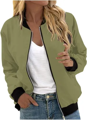 Bomber Jacket Coats for Women Causal Zip Up Long Sleeve Stand Collar Jackets 2024 Fall Lightweight Outerwear