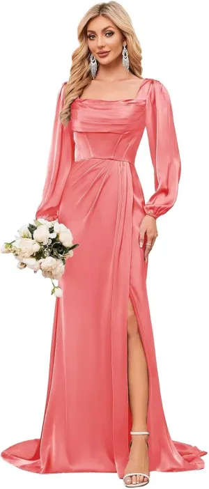 Bridesmaid Dresses Long Sleeve Mermaid Chiffon Cowl Neck Formal Party Gown with Slit
