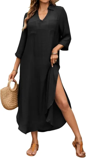 Bsubseach Womens Bathing Suit Cover Up V Neck Long Swimsuit Cover Up Beach Shirt Dress Swimwear with Pockets