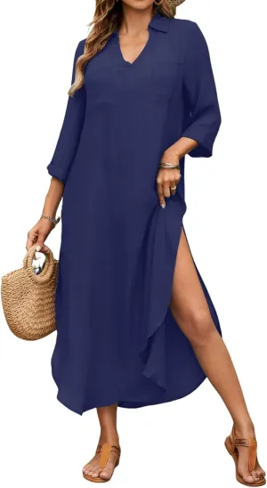 Bsubseach Womens Bathing Suit Cover Up V Neck Long Swimsuit Cover Up Beach Shirt Dress Swimwear with Pockets