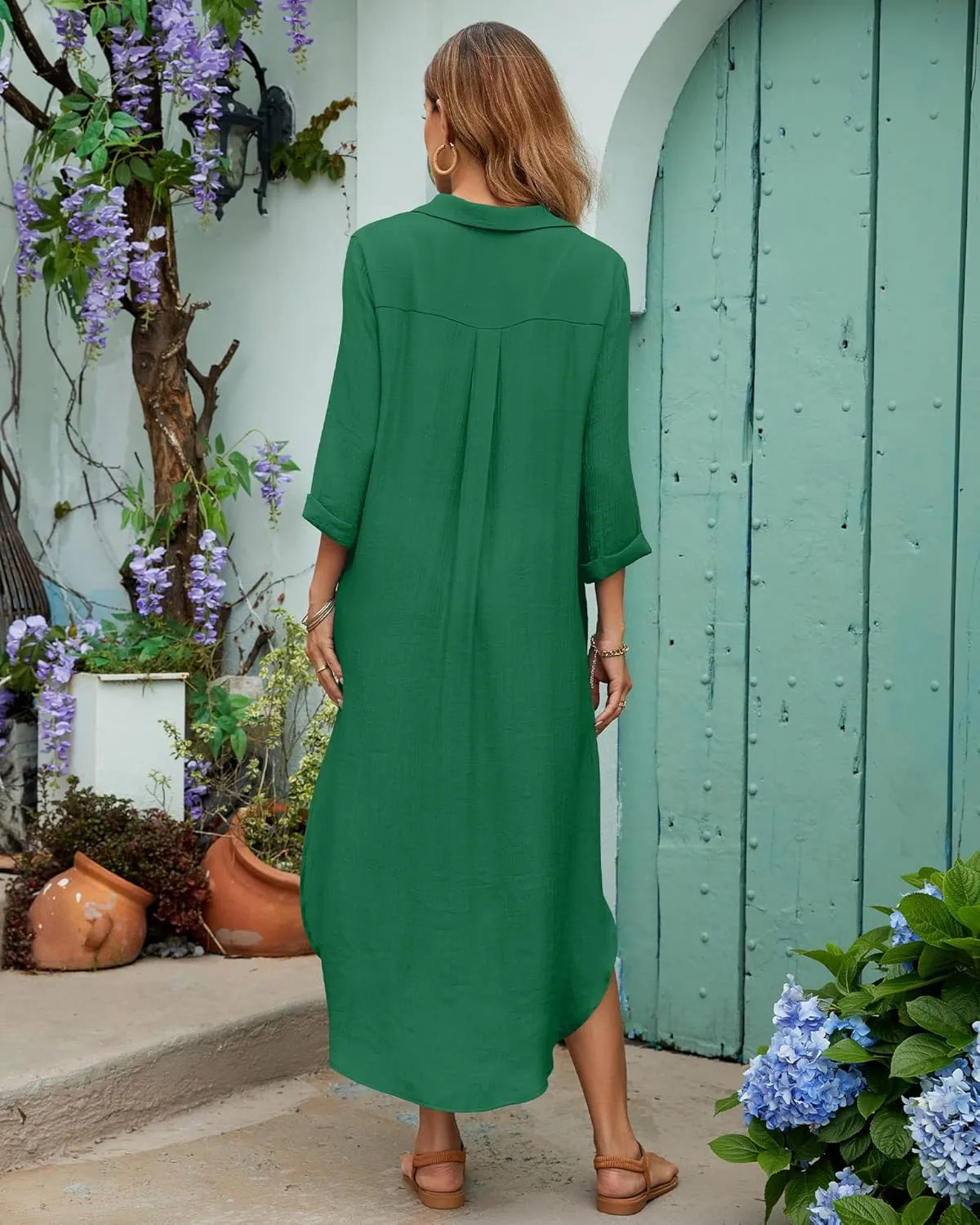 Bsubseach Womens Bathing Suit Cover Up V Neck Long Swimsuit Cover Up Beach Shirt Dress Swimwear with Pockets