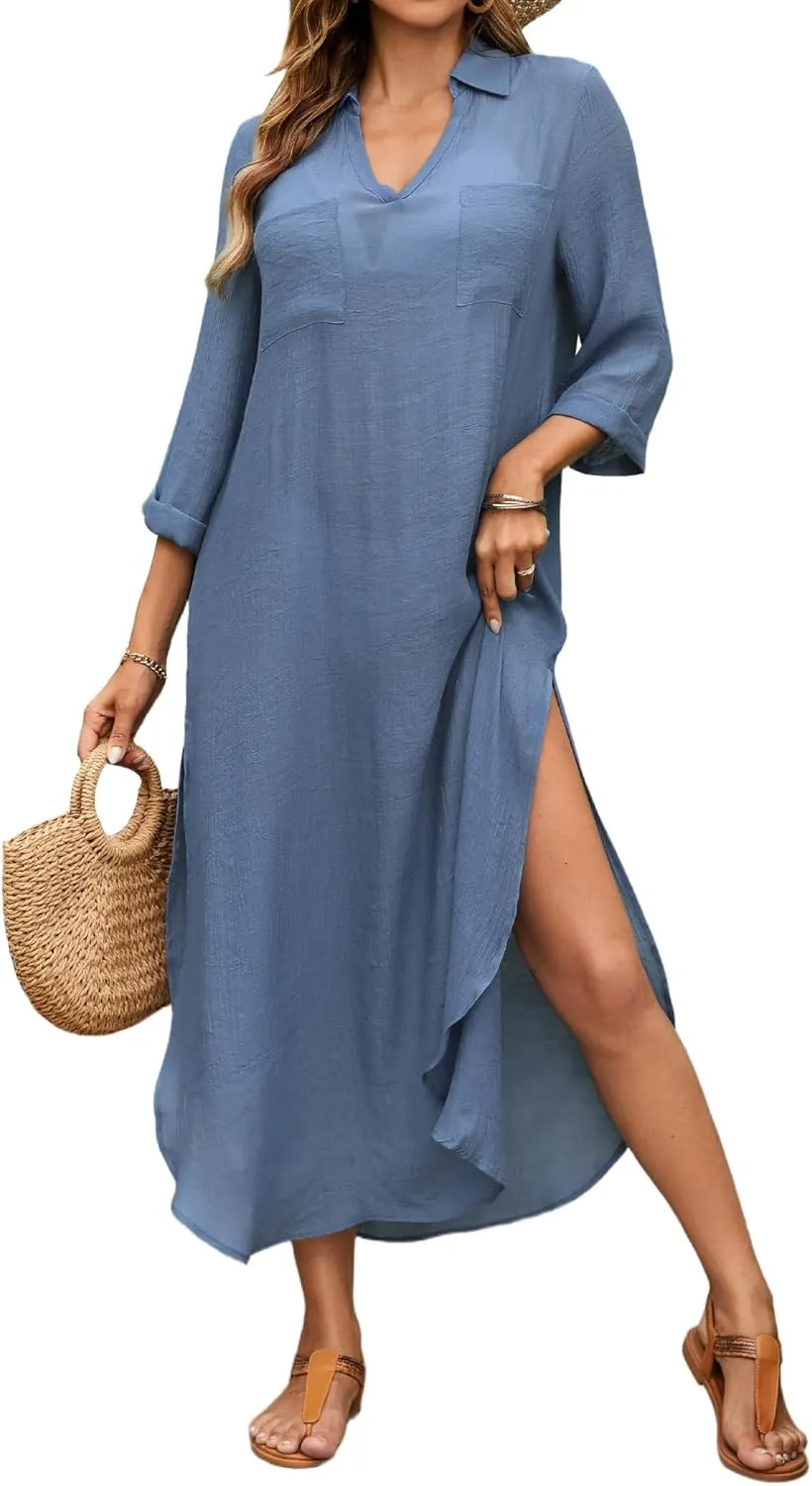 Bsubseach Womens Bathing Suit Cover Up V Neck Long Swimsuit Cover Up Beach Shirt Dress Swimwear with Pockets