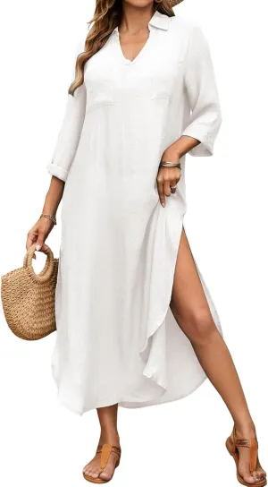 Bsubseach Womens Bathing Suit Cover Up V Neck Long Swimsuit Cover Up Beach Shirt Dress Swimwear with Pockets