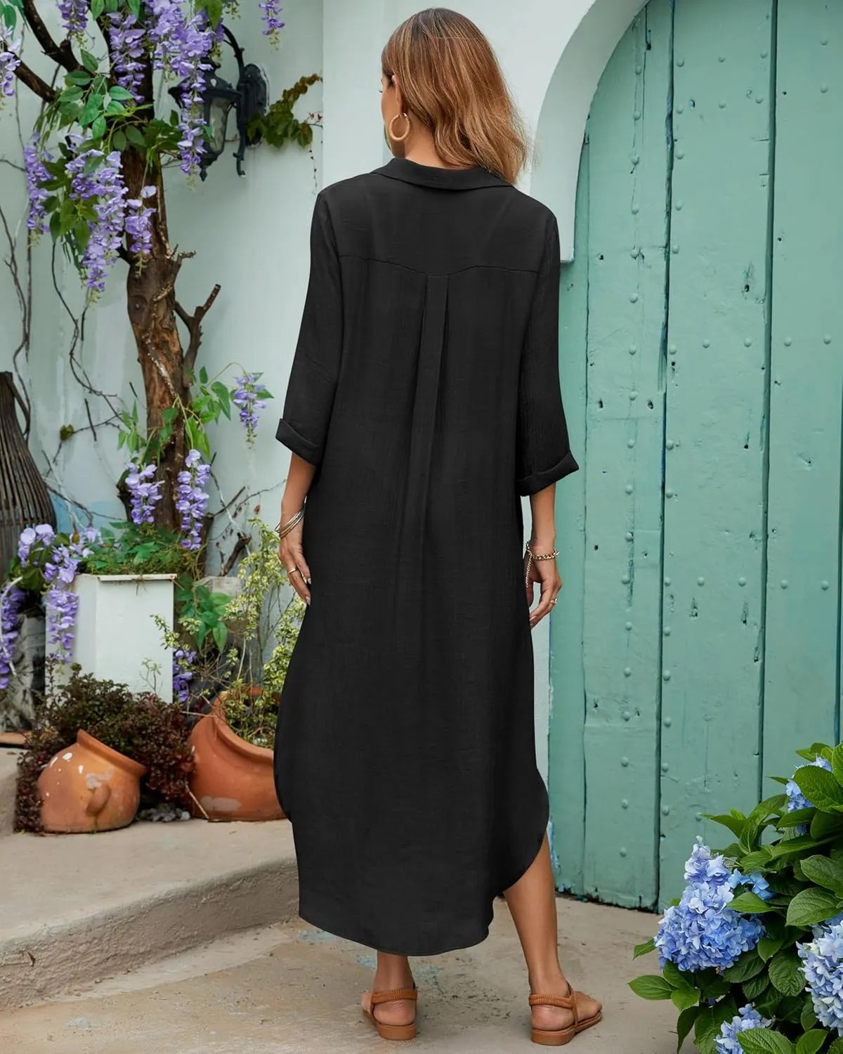 Bsubseach Womens Bathing Suit Cover Up V Neck Long Swimsuit Cover Up Beach Shirt Dress Swimwear with Pockets