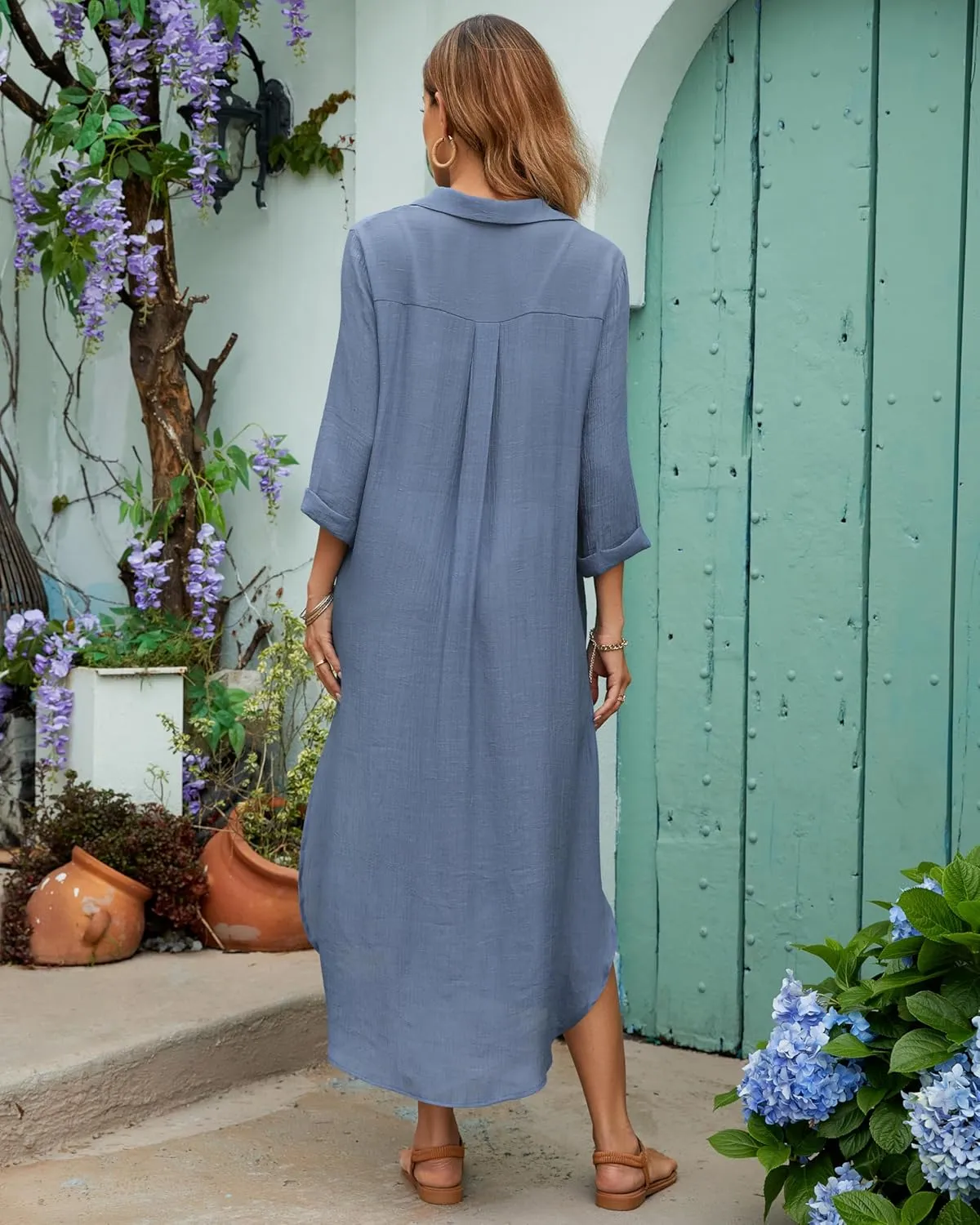 Bsubseach Womens Bathing Suit Cover Up V Neck Long Swimsuit Cover Up Beach Shirt Dress Swimwear with Pockets