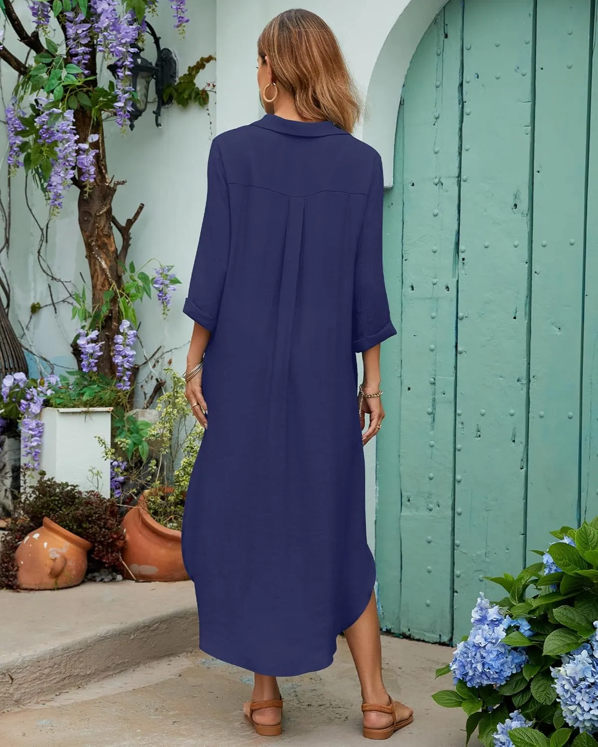 Bsubseach Womens Bathing Suit Cover Up V Neck Long Swimsuit Cover Up Beach Shirt Dress Swimwear with Pockets