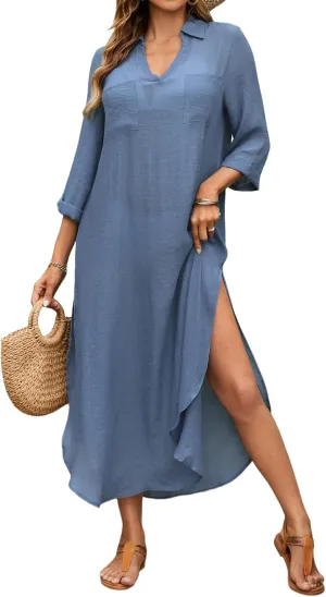 Bsubseach Womens Bathing Suit Cover Up V Neck Long Swimsuit Cover Up Beach Shirt Dress Swimwear with Pockets