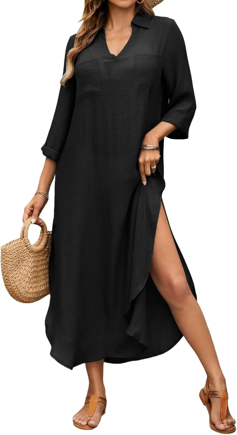 Bsubseach Womens Bathing Suit Cover Up V Neck Long Swimsuit Cover Up Beach Shirt Dress Swimwear with Pockets