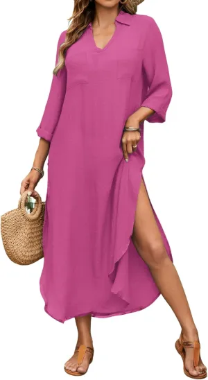 Bsubseach Womens Bathing Suit Cover Up V Neck Long Swimsuit Cover Up Beach Shirt Dress Swimwear with Pockets