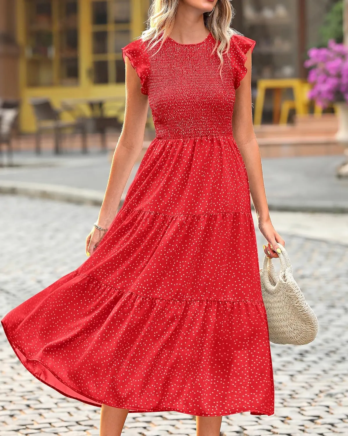 BTFBM Women Casual Short Sleeve Crew Neck Summer Dress Bohemian Floral Printed Flowy Maxi Dresses Tiered Cocktail Dress