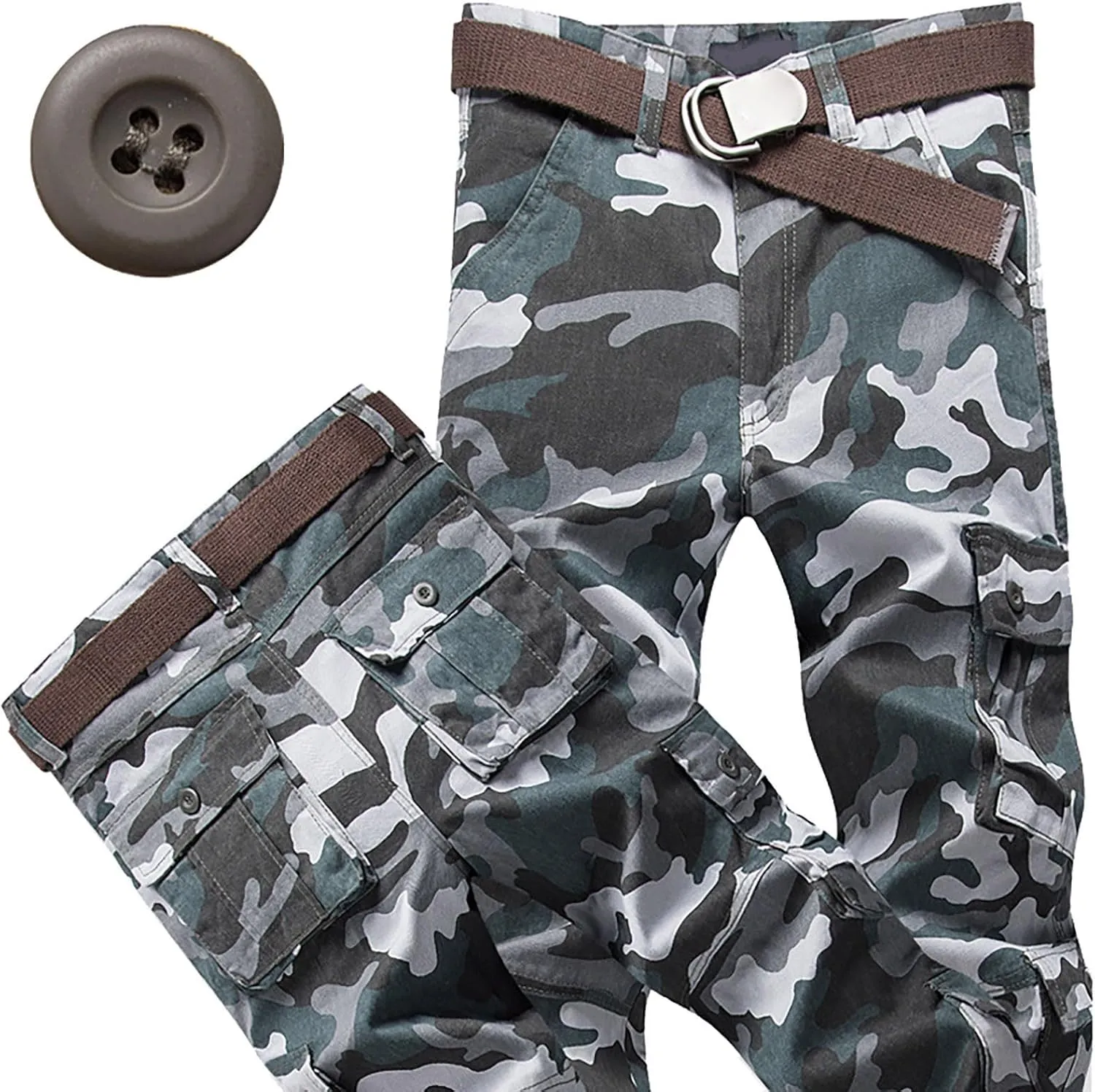 Cargo Pants for Men Camo Stretch Button Waist Tactical Pants Relaxed Fit Fleece Lined Tapered Sweatpants with Pockets