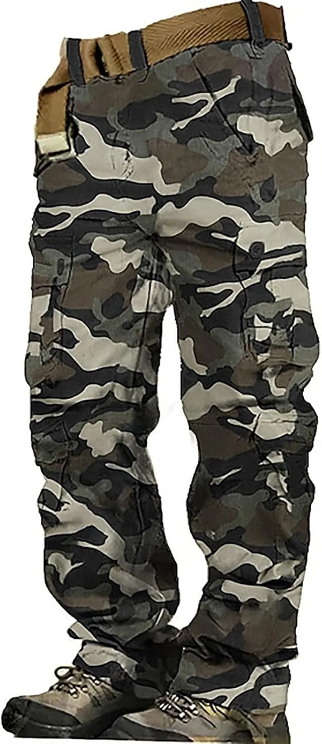 Cargo Pants for Men Camo Stretch Button Waist Tactical Pants Relaxed Fit Fleece Lined Tapered Sweatpants with Pockets