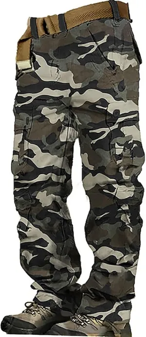 Cargo Pants for Men Camo Stretch Button Waist Tactical Pants Relaxed Fit Fleece Lined Tapered Sweatpants with Pockets