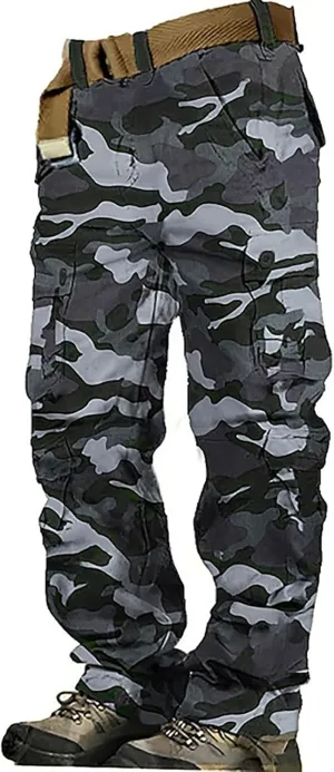 Cargo Pants for Men Camo Stretch Button Waist Tactical Pants Relaxed Fit Fleece Lined Tapered Sweatpants with Pockets