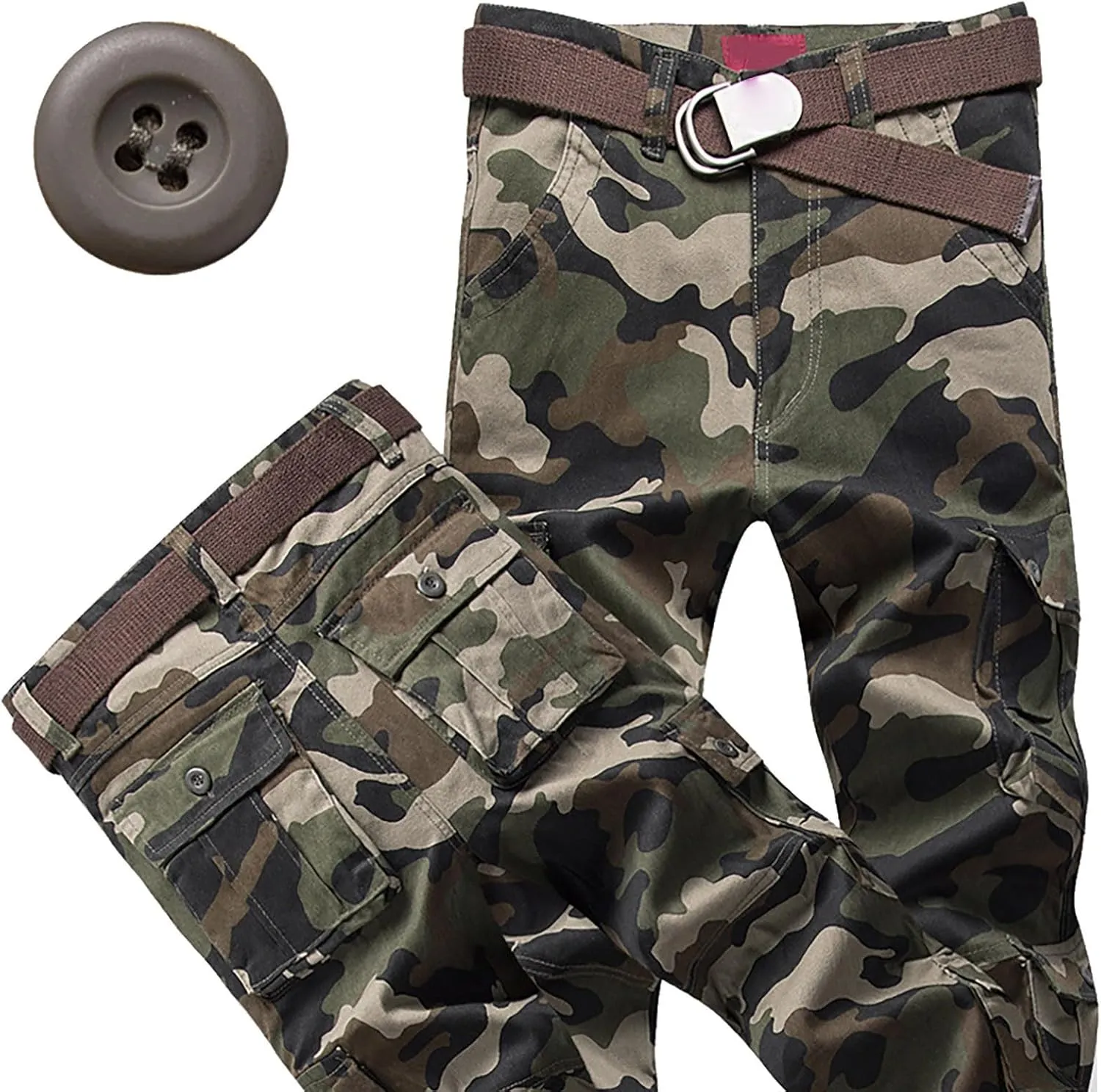Cargo Pants for Men Camo Stretch Button Waist Tactical Pants Relaxed Fit Fleece Lined Tapered Sweatpants with Pockets