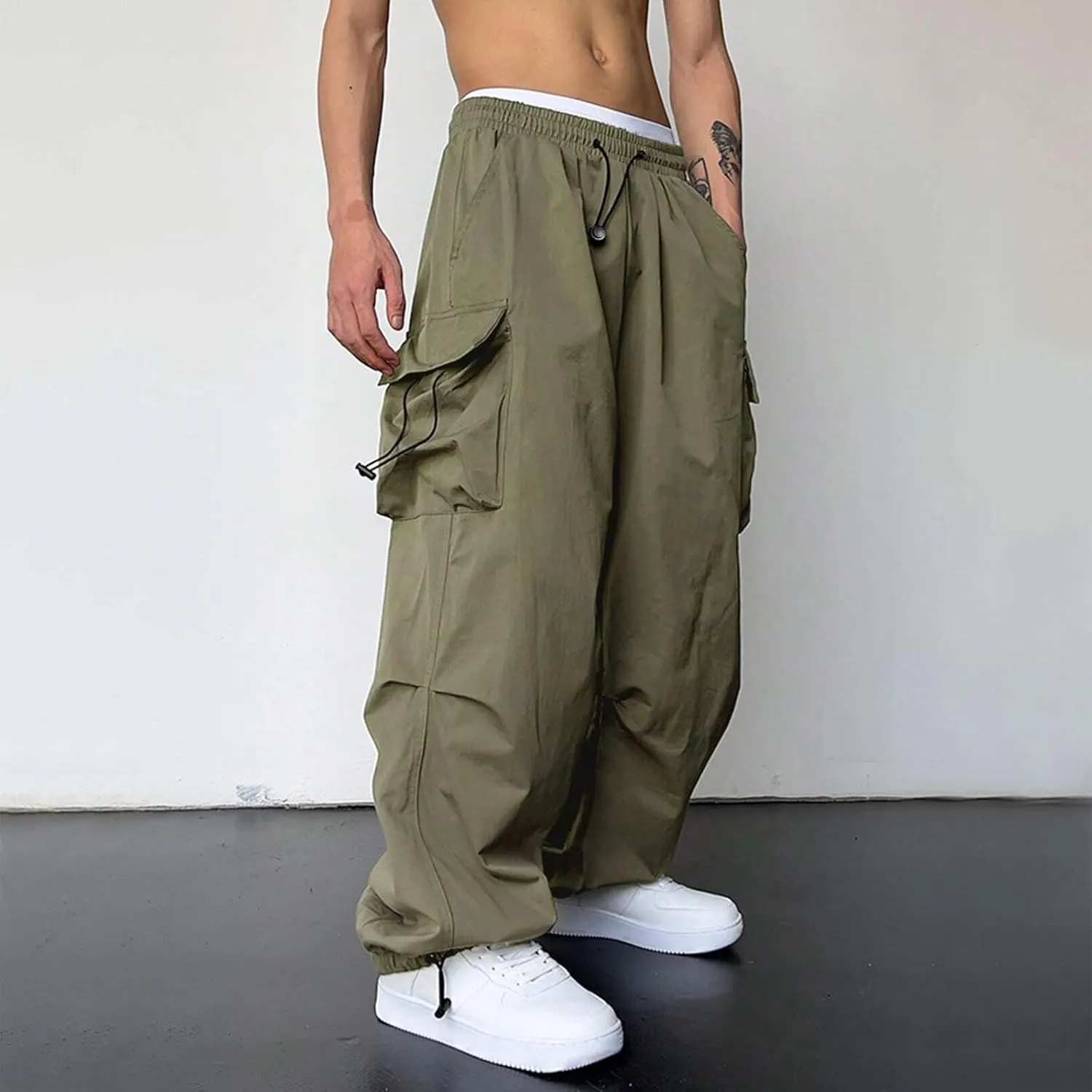 Cargo Pants for Men, Loose Fit Baggy Sweatpants, Casual Solid Color Pants with Pockets, Outdoor Drawstring Trousers