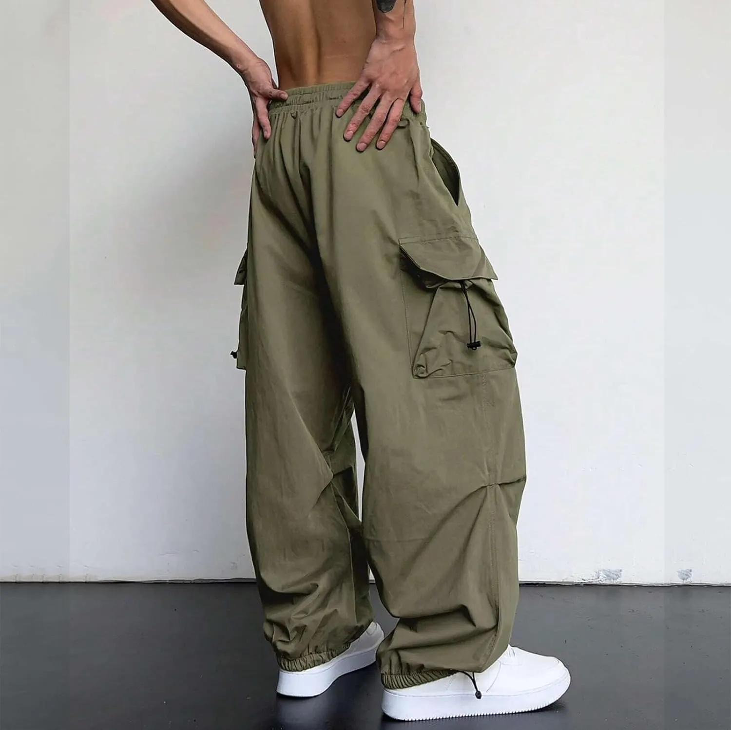 Cargo Pants for Men, Loose Fit Baggy Sweatpants, Casual Solid Color Pants with Pockets, Outdoor Drawstring Trousers
