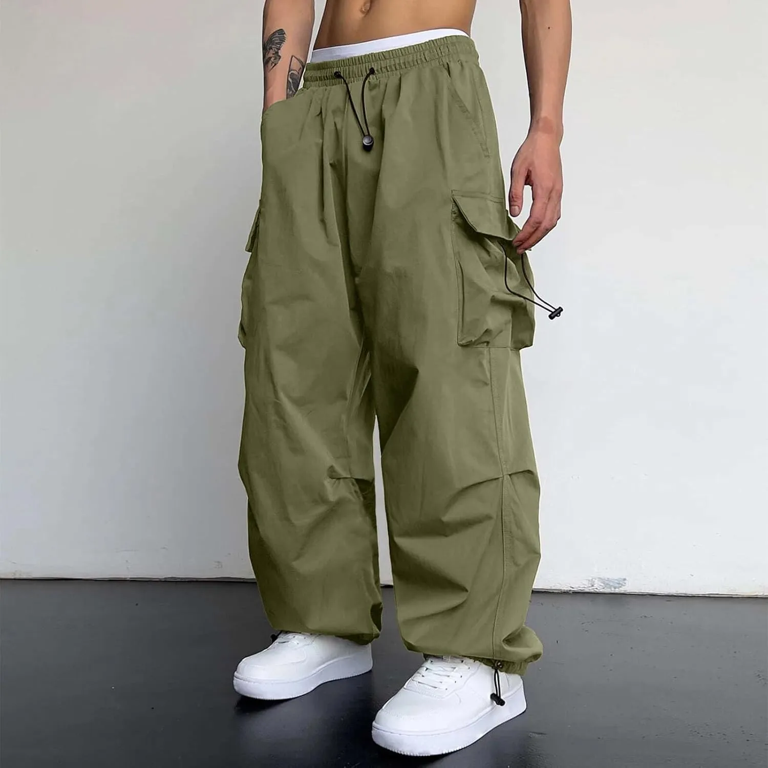 Cargo Pants for Men, Loose Fit Baggy Sweatpants, Casual Solid Color Pants with Pockets, Outdoor Drawstring Trousers