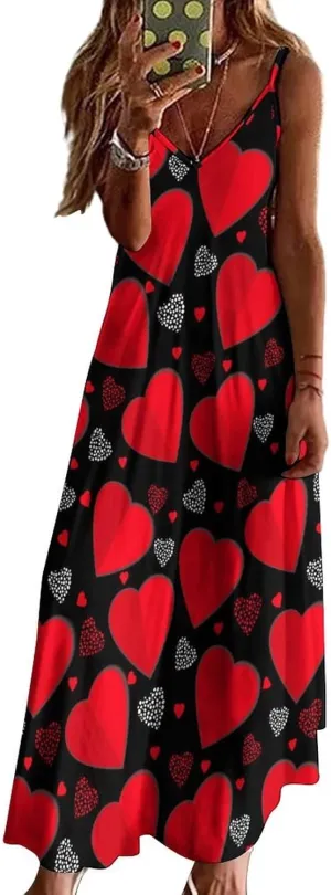 Casual Loose Sleeveless Dress for Women, Sexy V Neck Flowy Maxi Dress, Beach Vacation Spaghetti Strap Sundress