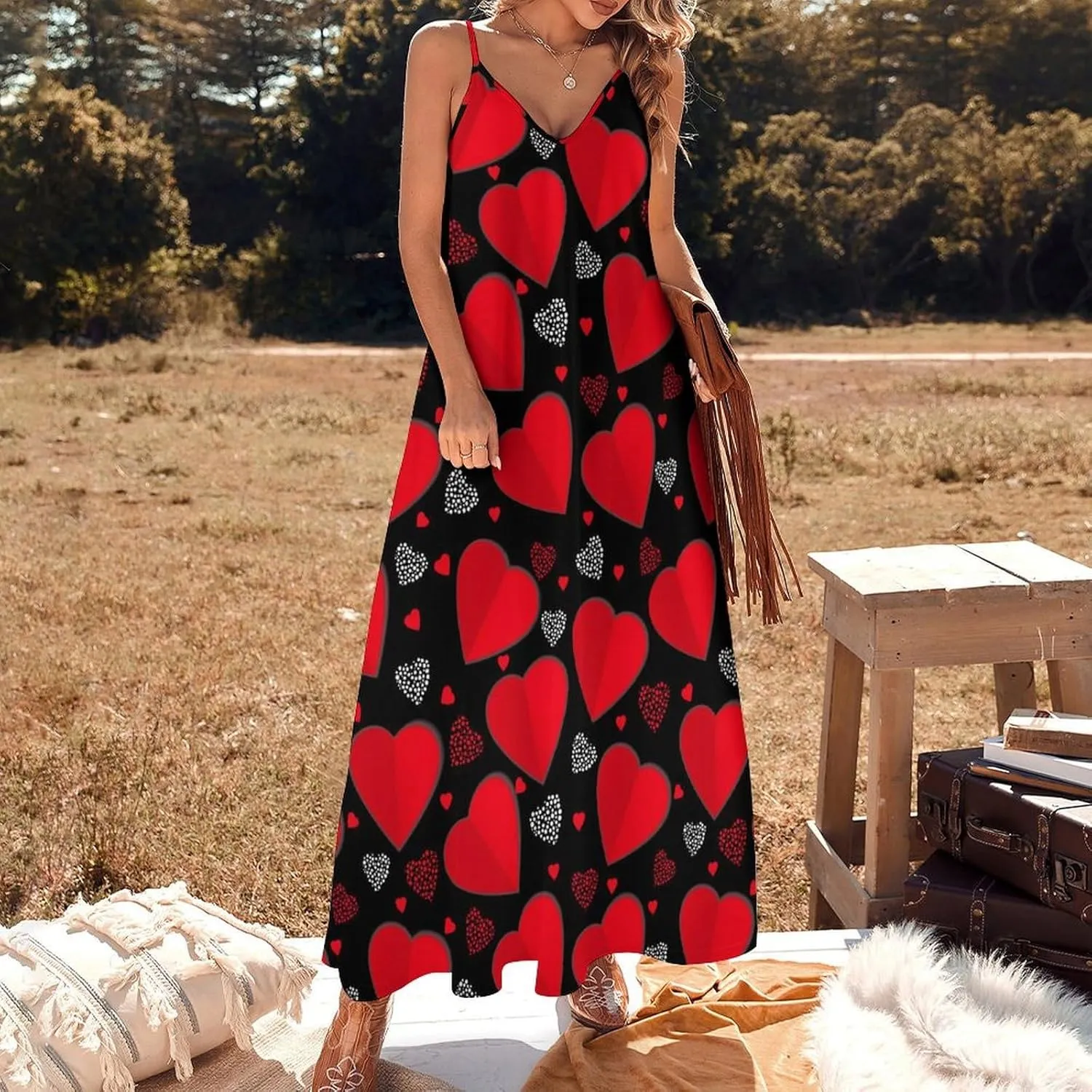 Casual Loose Sleeveless Dress for Women, Sexy V Neck Flowy Maxi Dress, Beach Vacation Spaghetti Strap Sundress