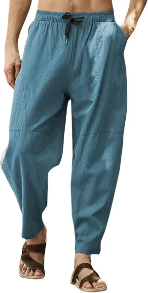 Casual Summer Pants for Men Linen Solid Color Pant Drawstring Joggers Loose Fit Pants Long Trousers with Pockets