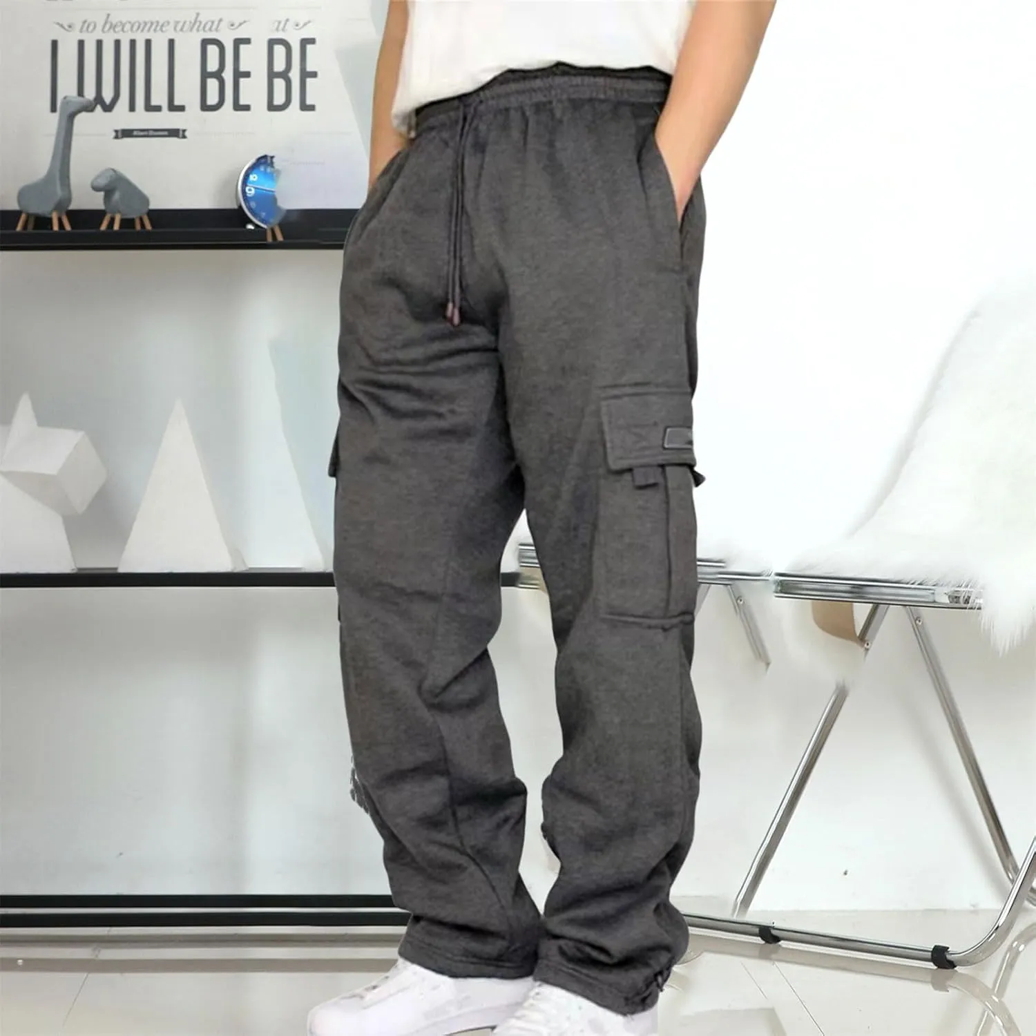 Cathalem Men's Fleece Cargo Sweatpants Open Bottom Drawstring Baggy Joggers Loose Fit Tech Athletic Workout Gym Pants