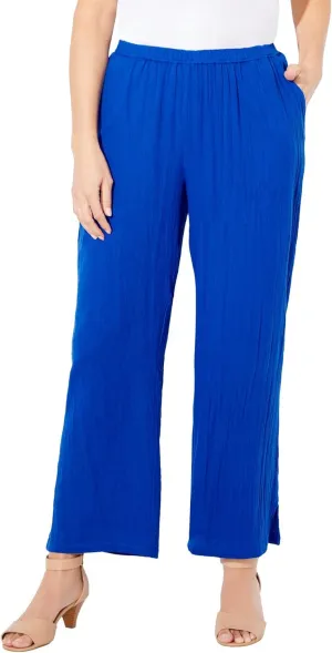 Catherines Women's Plus Size Anywear Pucker Cotton Wide Leg Pant