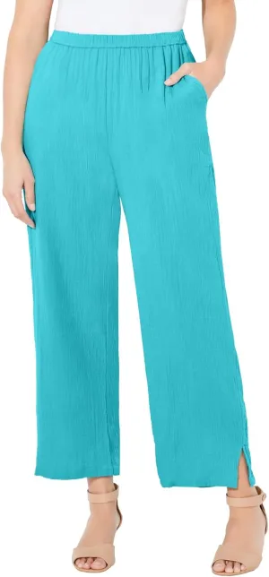 Catherines Women's Plus Size Anywear Pucker Cotton Wide Leg Pant