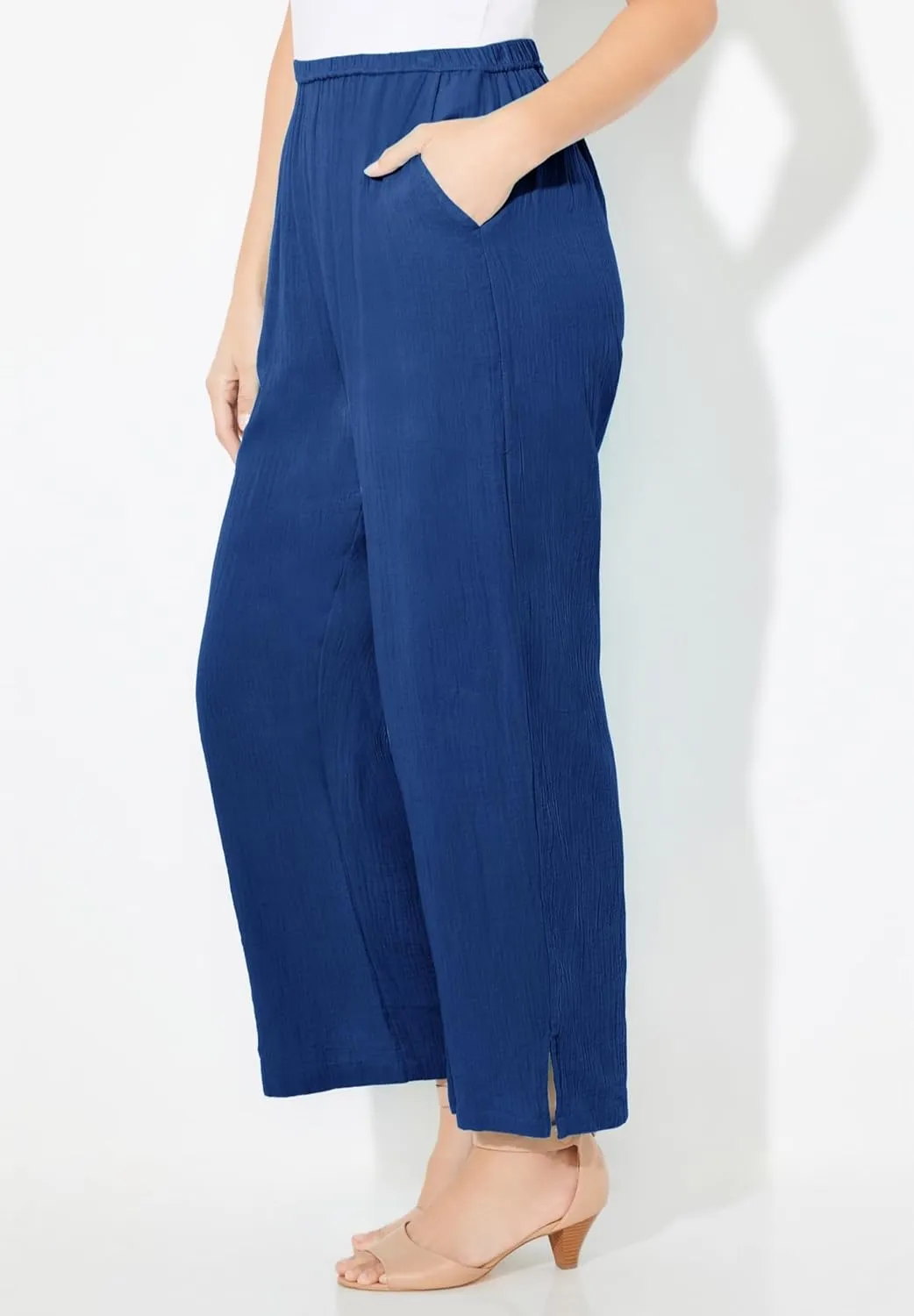 Catherines Women's Plus Size Anywear Pucker Cotton Wide Leg Pant
