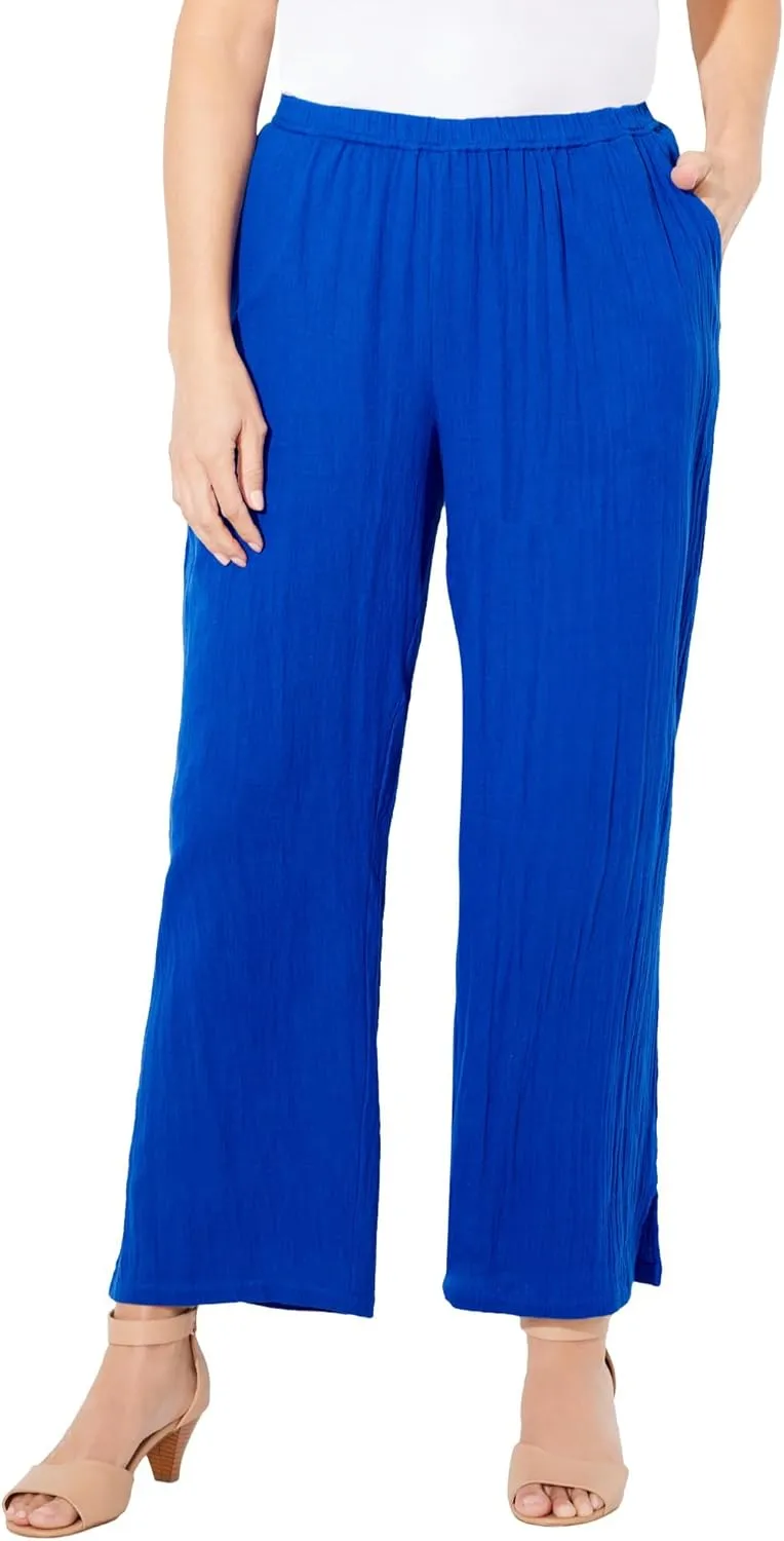 Catherines Women's Plus Size Anywear Pucker Cotton Wide Leg Pant