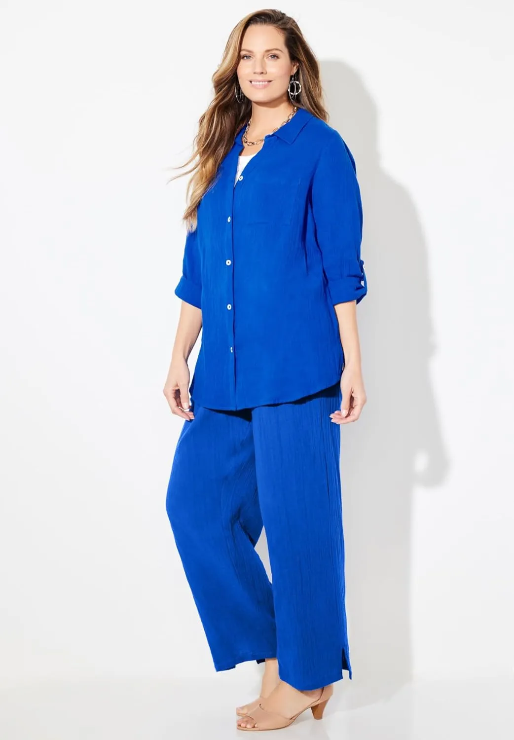 Catherines Women's Plus Size Anywear Pucker Cotton Wide Leg Pant