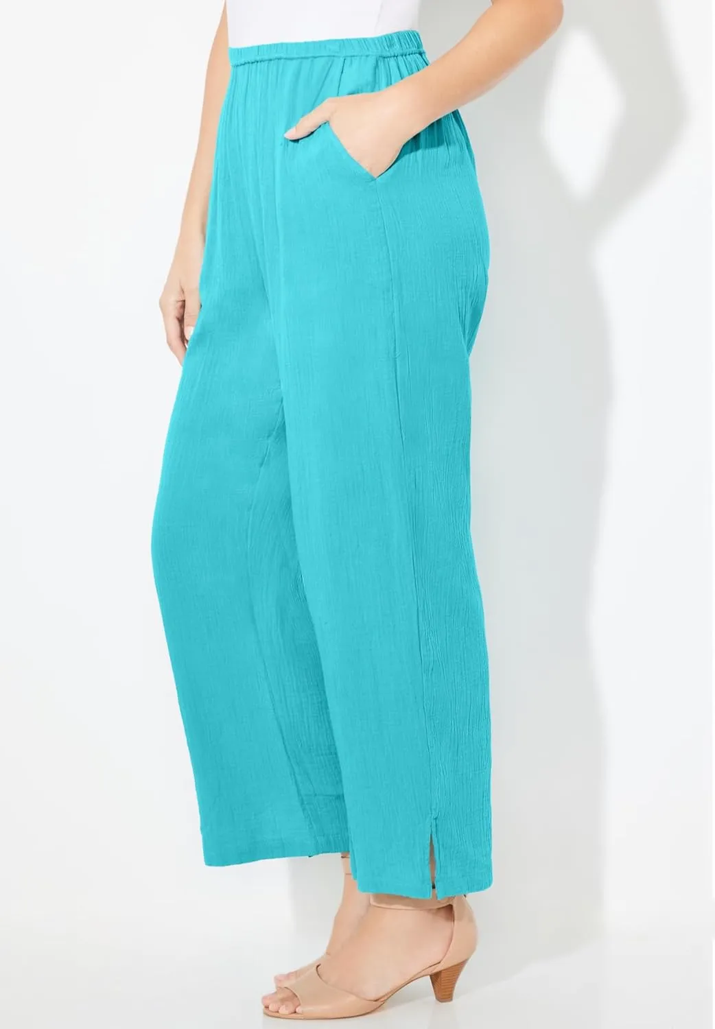Catherines Women's Plus Size Anywear Pucker Cotton Wide Leg Pant