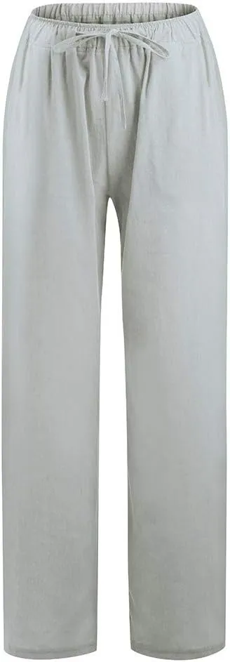Ceboyel Womens Wide Leg Palazzo Pants Drawstring Cotton Linen Pants Elastic High Waist Lounge Trousers Boho Summer Outfits