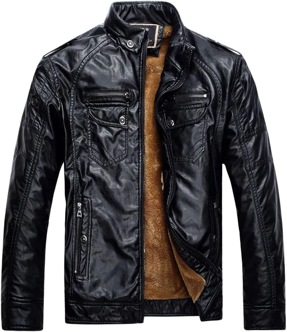 CHARTOU Men Retro PU Faux Leather Bomber Jacket Stand Collar Fleece Lined Motorcycle Jacket Zip Up