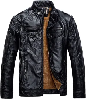 CHARTOU Men Retro PU Faux Leather Bomber Jacket Stand Collar Fleece Lined Motorcycle Jacket Zip Up