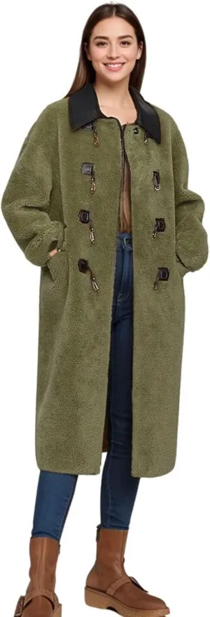 CHARTOU Women Long Faux Shearling Jacket Contrast Trim Fuzzy Fleece Warm Winter Trench Coat