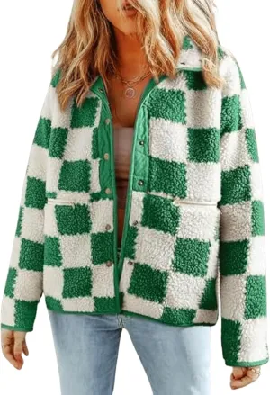 CHARTOU Women's Fall Checkered Sherpa Fleece Jacket Tweed Cropped Snap Button Plaid Coat Loose Faux Fur Tops