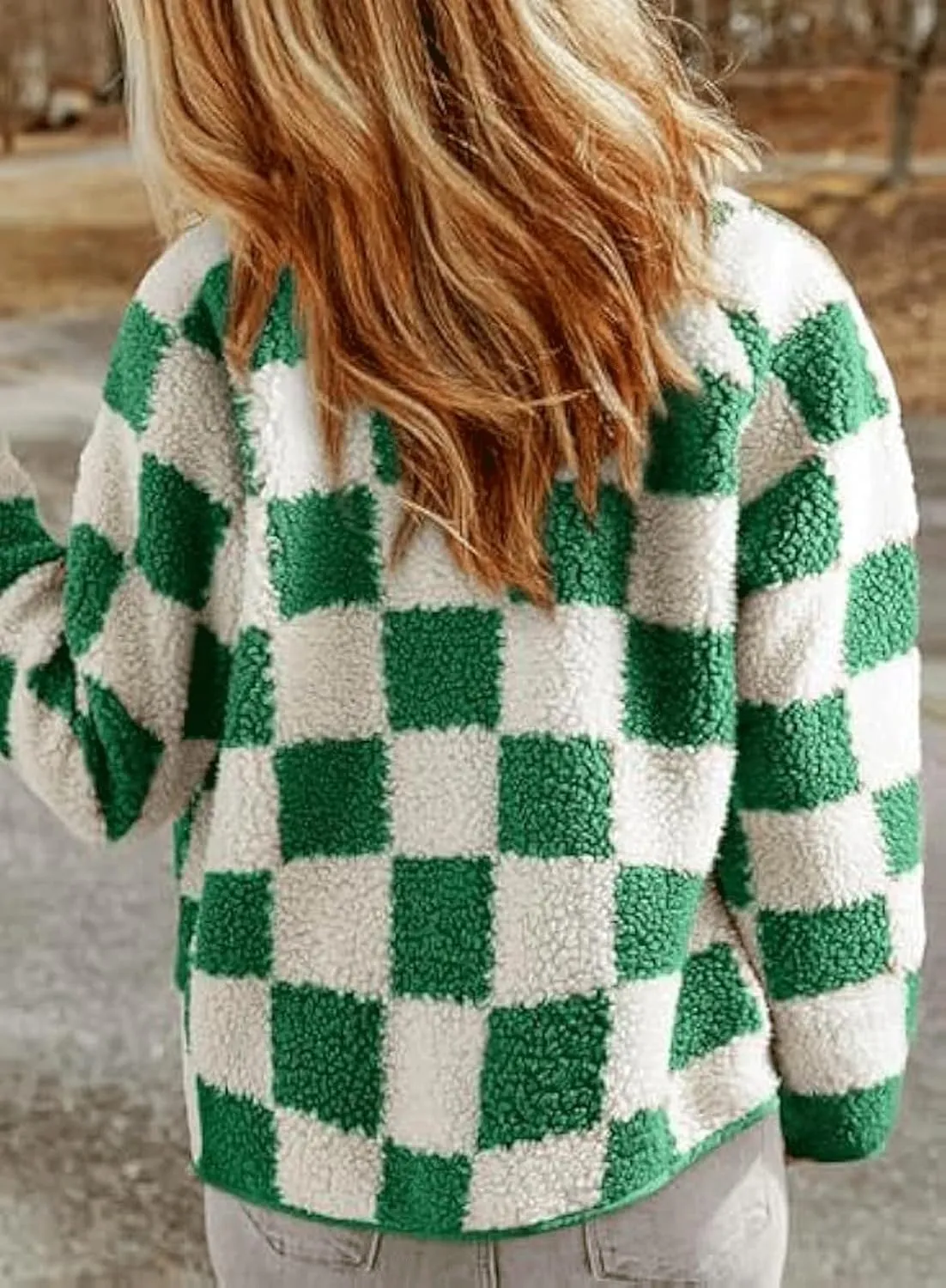 CHARTOU Women's Fall Checkered Sherpa Fleece Jacket Tweed Cropped Snap Button Plaid Coat Loose Faux Fur Tops