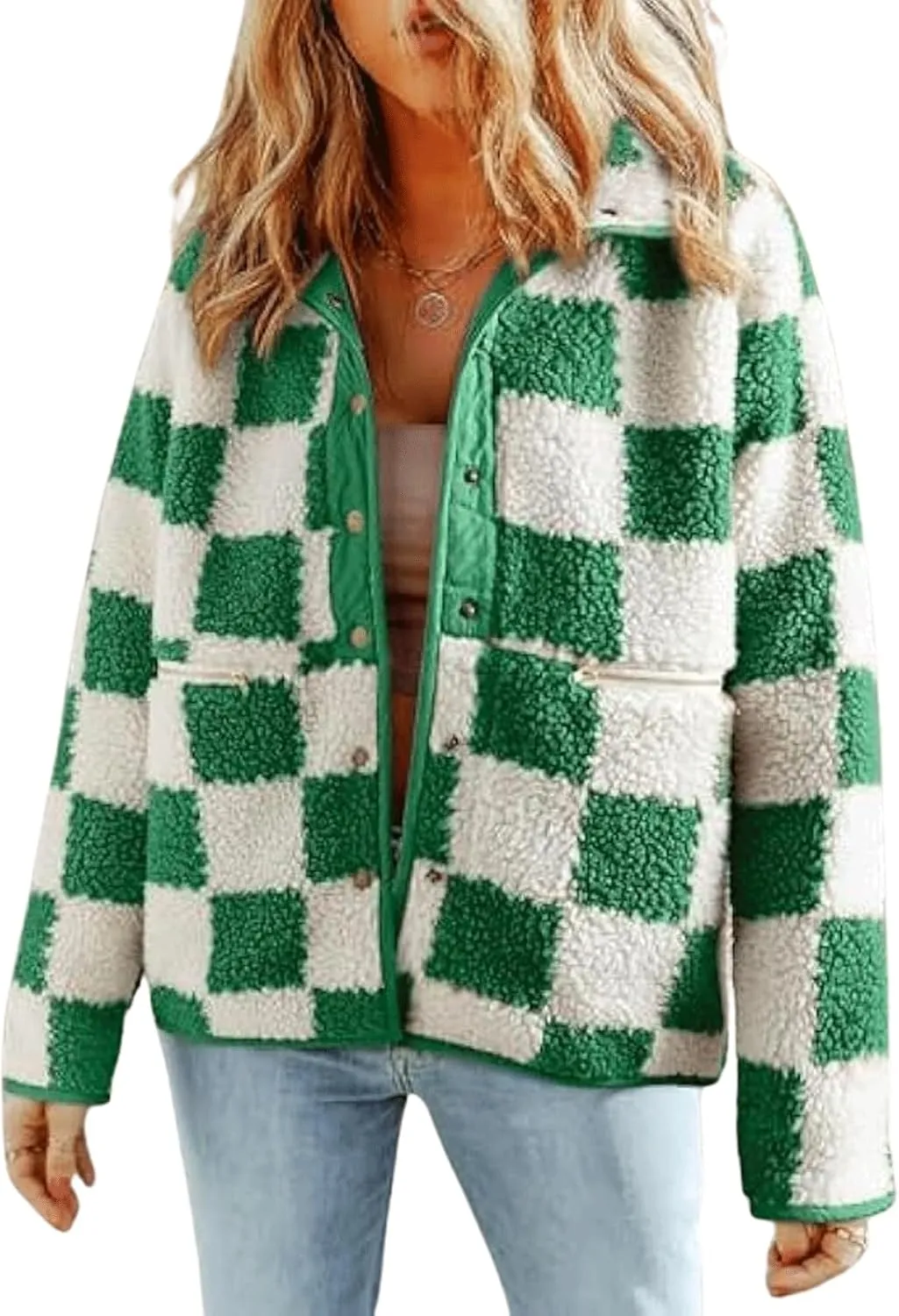 CHARTOU Women's Fall Checkered Sherpa Fleece Jacket Tweed Cropped Snap Button Plaid Coat Loose Faux Fur Tops