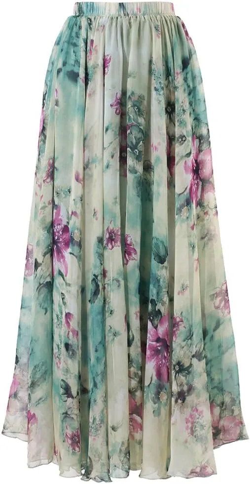 CHICWISH Women's Floral Watercolor Flower Maxi Floral Chiffon Slip Skirt