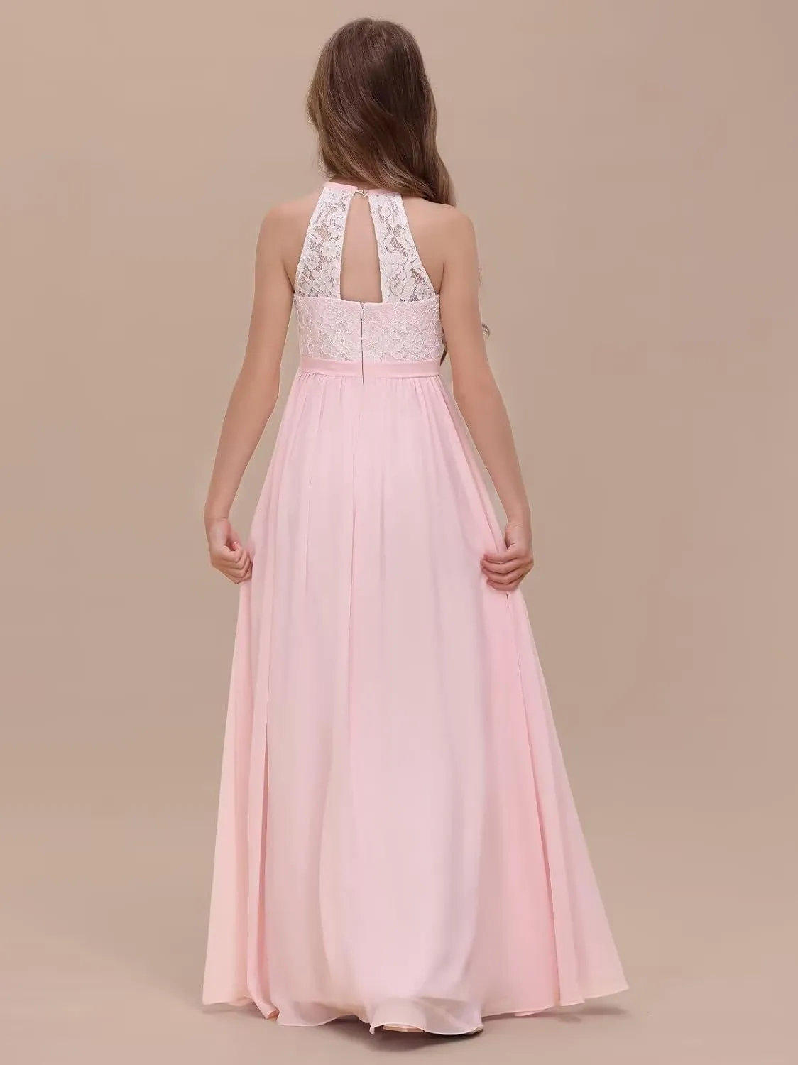 Chiffon Junior Bridesmaid Dress for Wedding Lace Applique Halter Sleeveless A-Line Long Formal Flower Girl Dress
